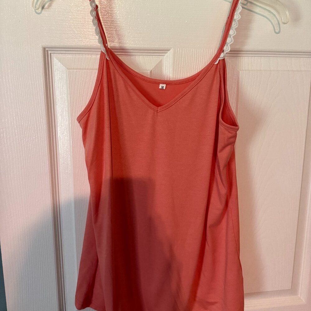 Pretty red tank top with white lace on shoulders in Medium